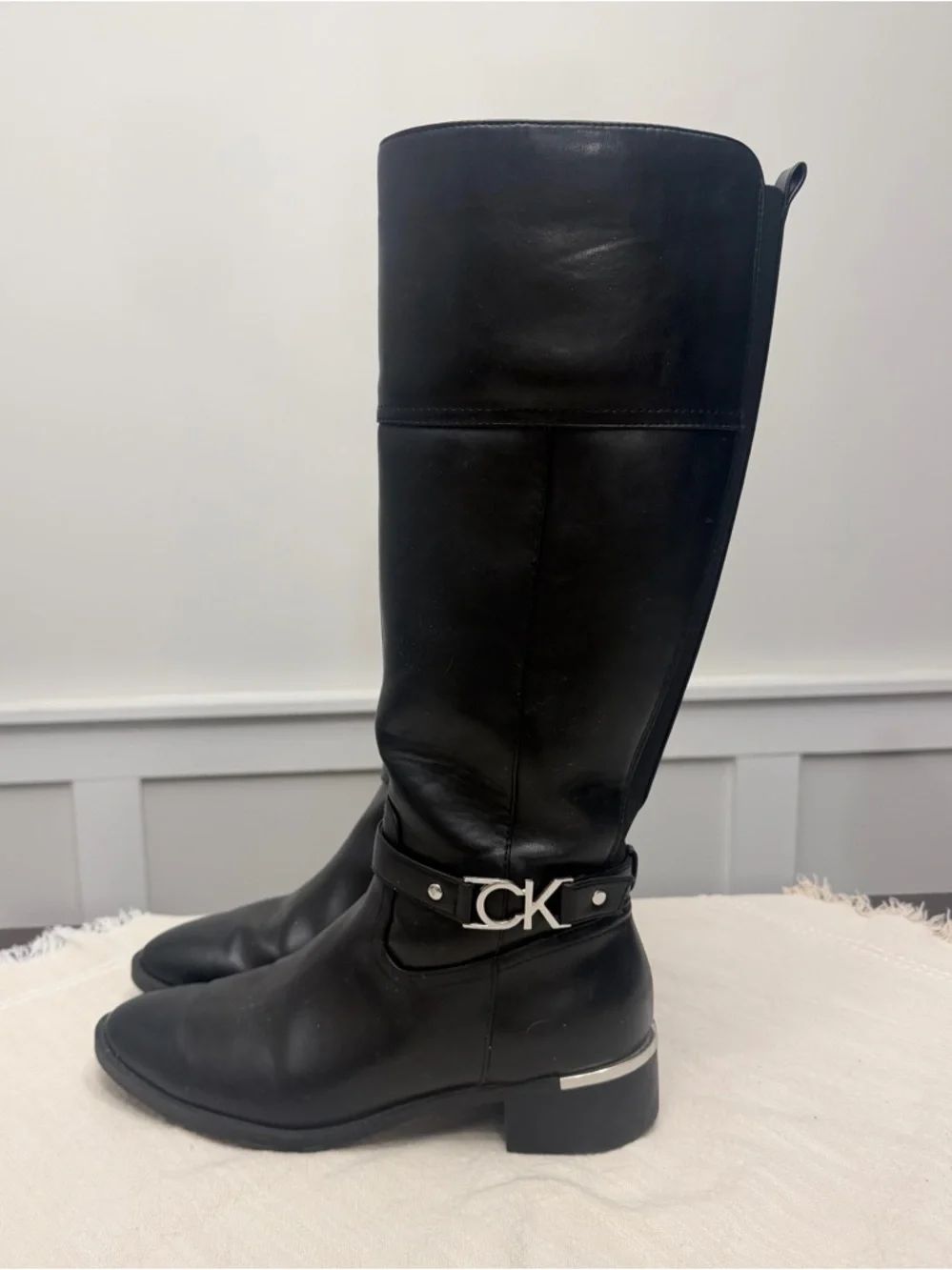 Calvin Klein Knee High Boots • Black Leather • CK Logo Strap • Size 9